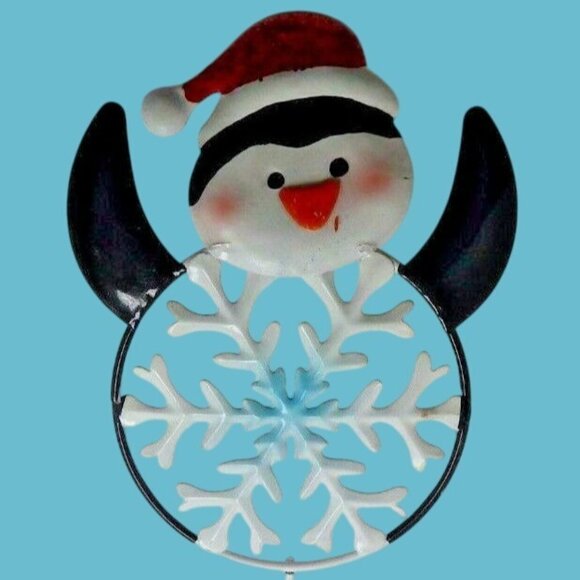 Penguin Snowflake Garden Stake Lawn Ornament Santa Hat Metal Holiday Yard Decor - Picture 2 of 5